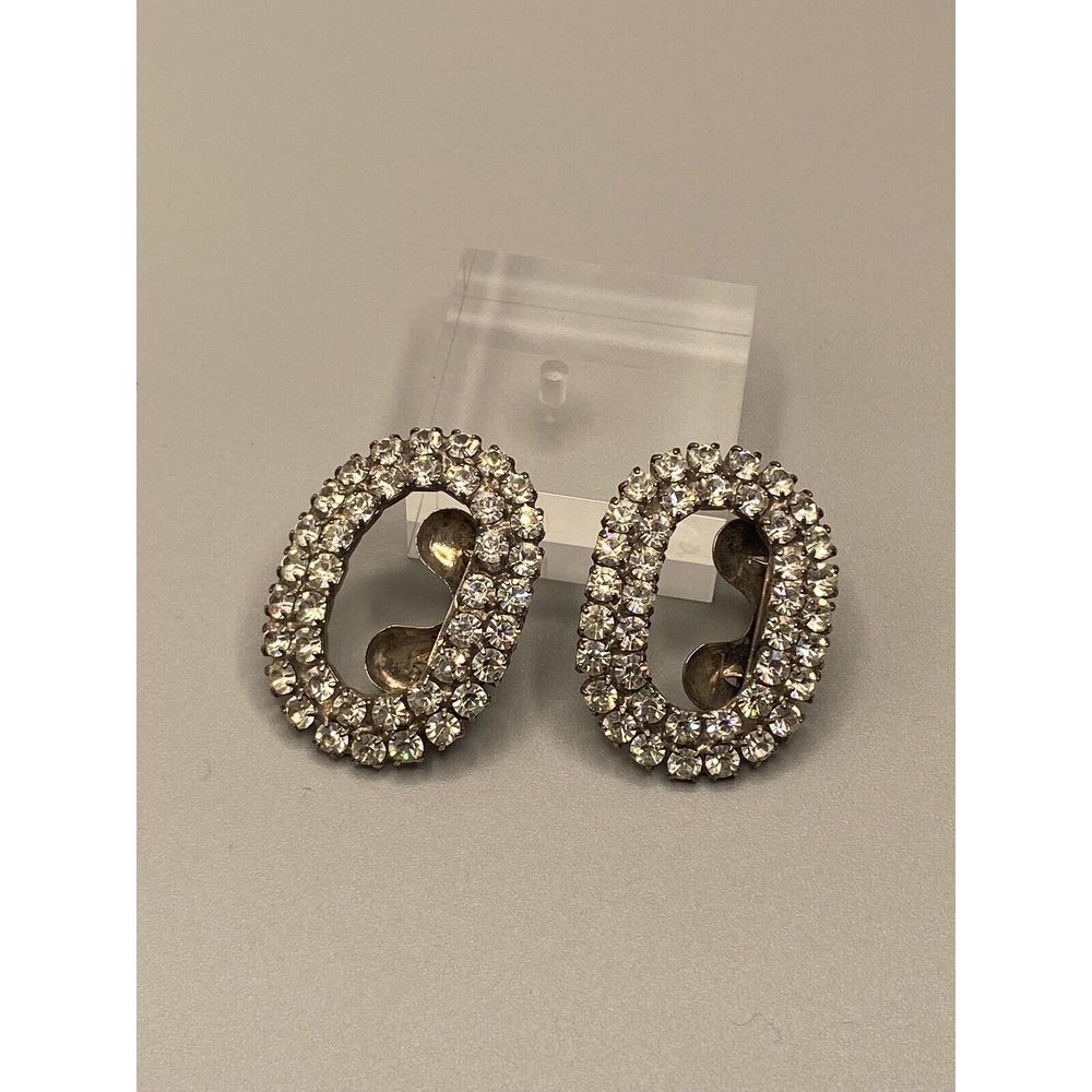Vintage MUSI Shoe Dress Scarf Clips‎ Silver Tone Rhinestones Two Row Ovals 1.5"